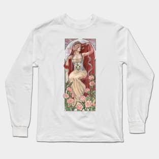 Veiled Lady of January with Pink Carnations and Snowdrop Birth Flower Corset Mucha Inspired Birthstone Series Long Sleeve T-Shirt